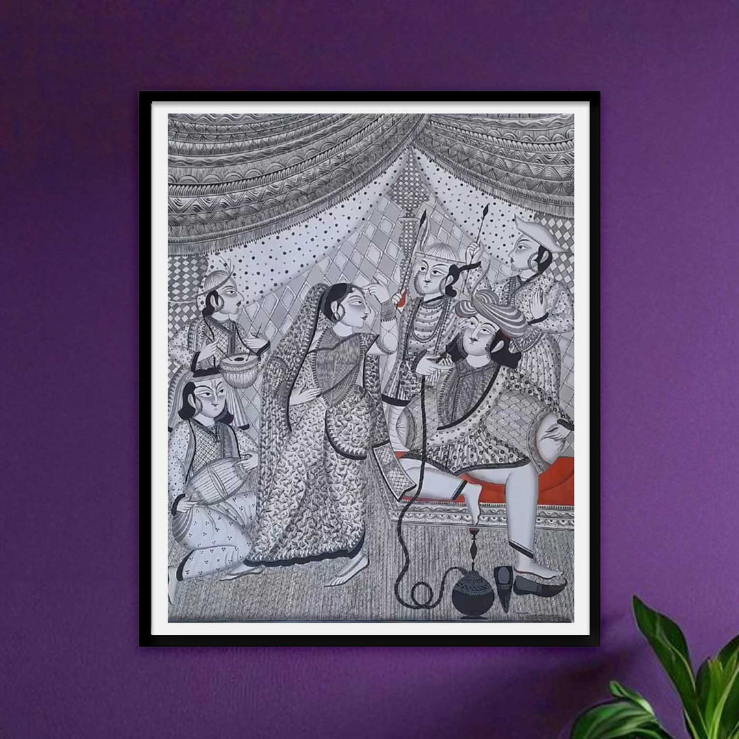 28 x 22 Inch | Royal Court Scene | Original Hand Painted Kalighat Painting | Natural Pigment On Paper