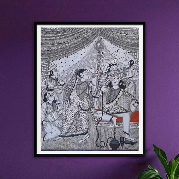 28 x 22 Inch | Royal Court Scene | Original Hand Painted Kalighat Painting | Natural Pigment On Paper