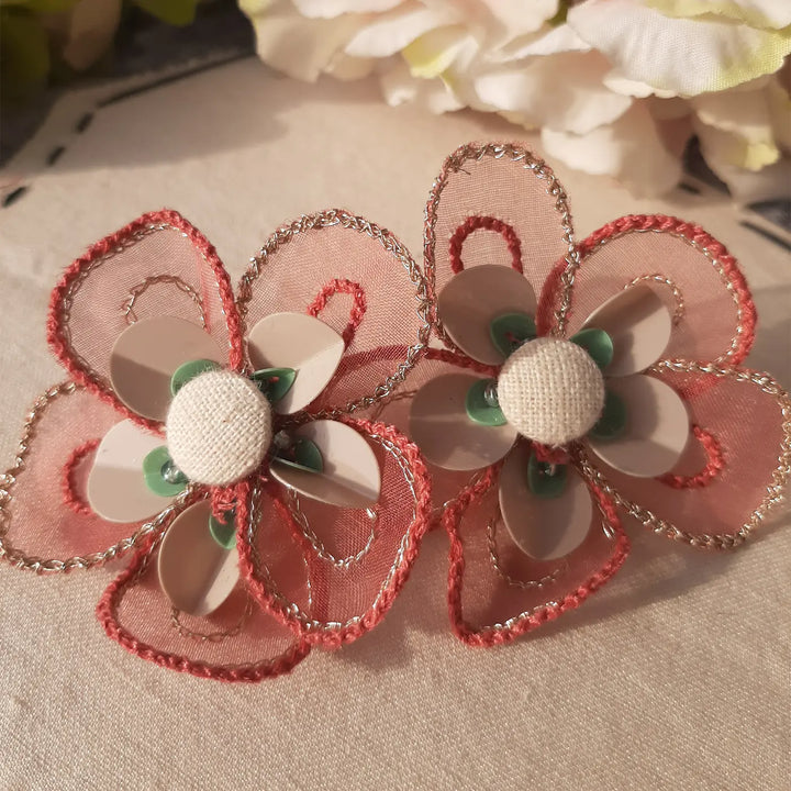 Hand Embroidered Pink Petal Flower Shaped Cotton Earrings