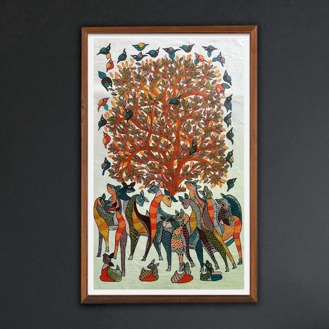 24 x 36 Inch | Giraffes & Birds | Original Hand Painted Tribal Gond Art Painting | Acrylic Paints On Paper