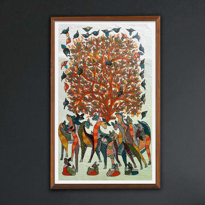 24 x 36 Inch | Giraffes & Birds | Original Hand Painted Tribal Gond Art Painting | Acrylic Paints On Paper