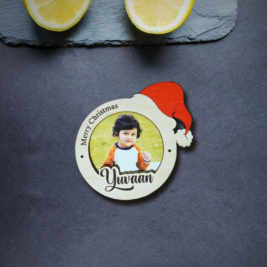 Photo Personalized Printed Round Christmas Theme Wooden Fridge Magnet
