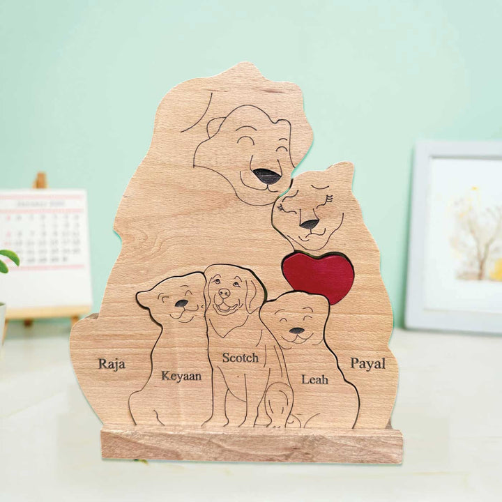 Personalized Lion Family Of 5 With Dog Wooden Figurine