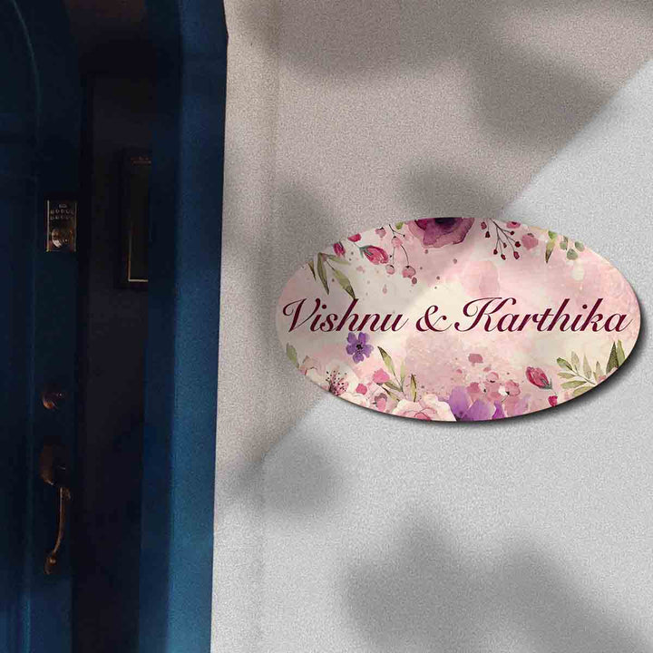 Printed Spring Floral Wooden Oval Nameplate For Family