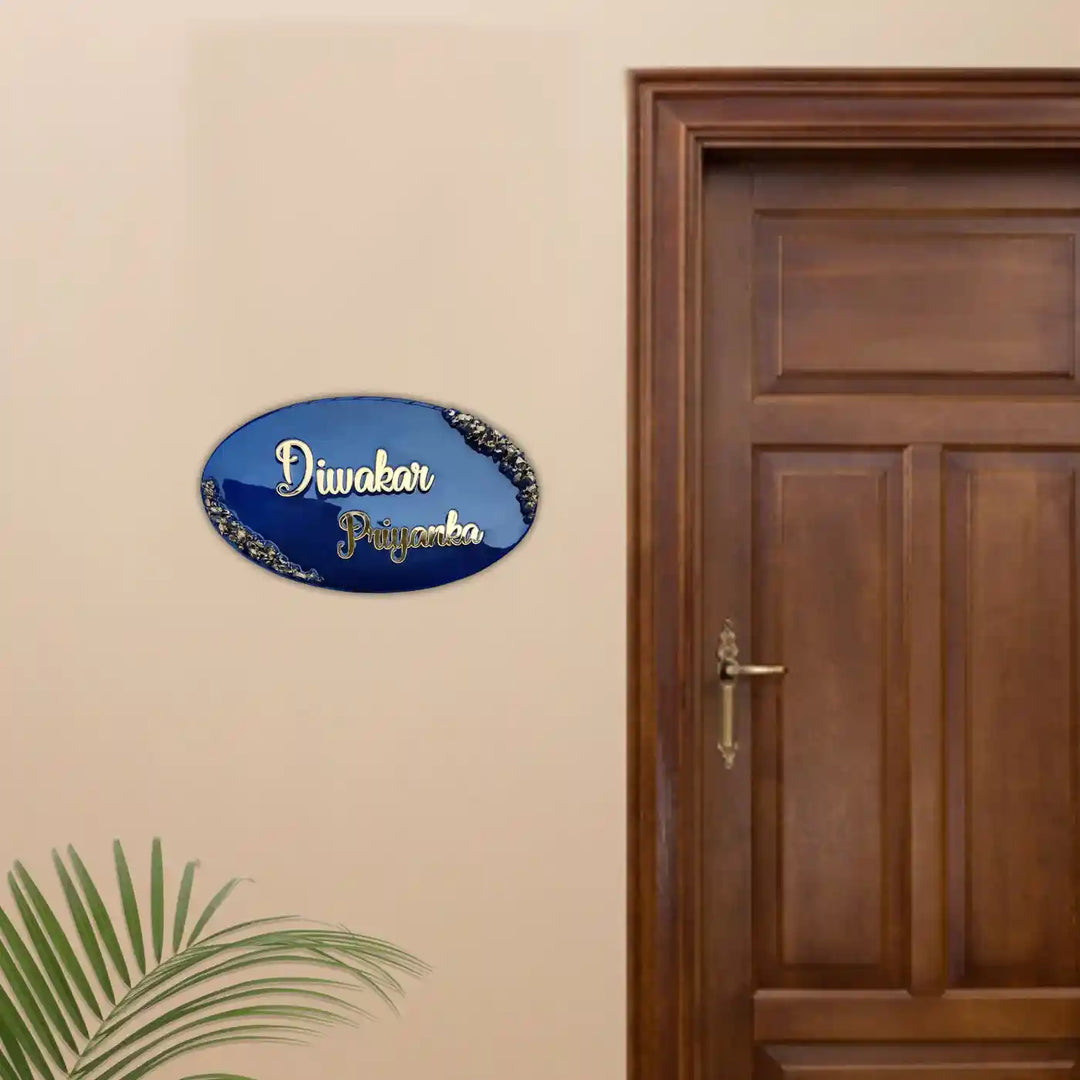 Personalized Oval Blue & Gold Resin Name Plate