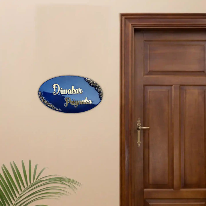 Personalized Oval Blue & Gold Resin Name Plate