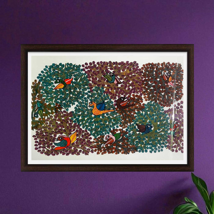 15 x 22 Inch | Birds & Tree | Original Hand Painted Tribal Gond Art Painting | Acrylic Paints On Paper