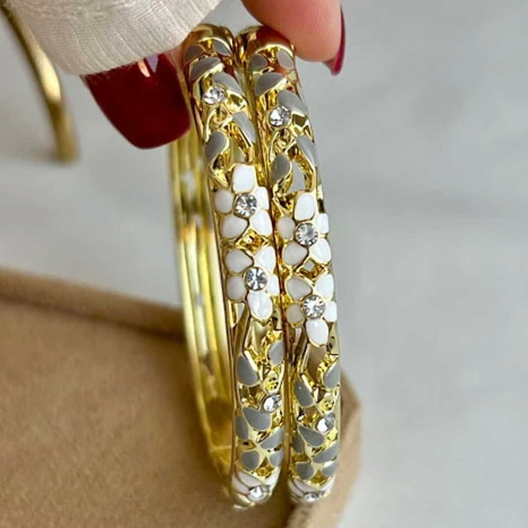 Handcrafted Floral Enamel Crystal Studded 18K Gold Plated Stainless Steel Openable Bangle - Grey