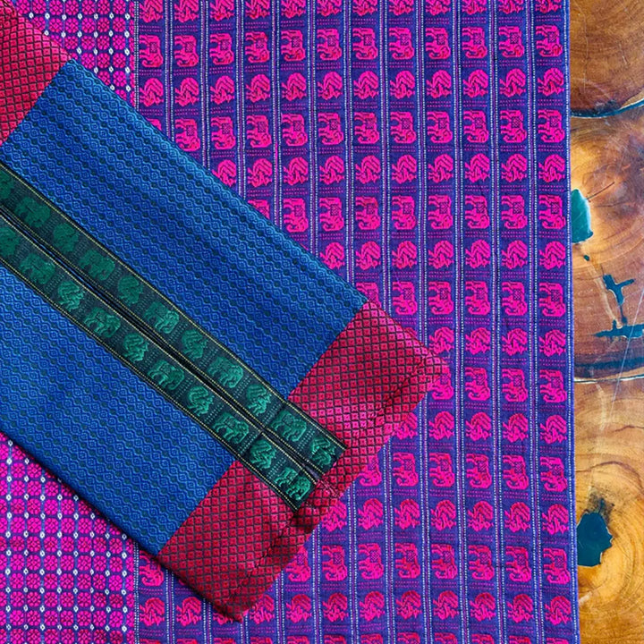 Handmade Purple Elephant & Peacock Design Khunn Fabric Cotton Table Runner | 12 x 60 Inch