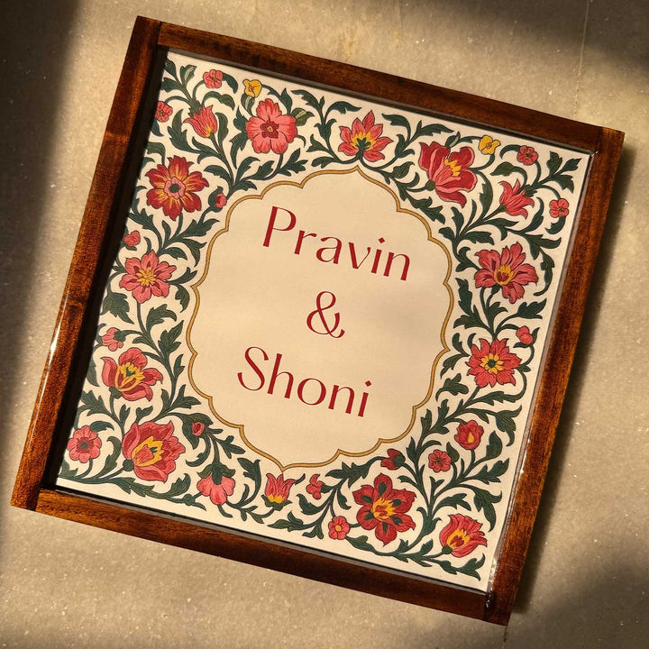Mughal Vintage Personalized Square Resin & Teak Wood Frame Name Plate For Home