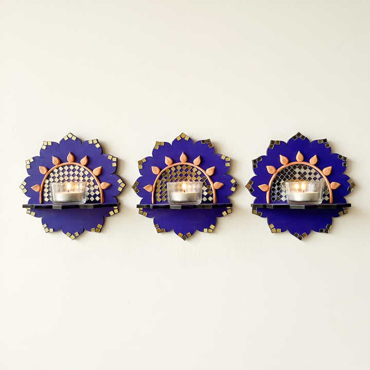 Hand-Painted Mirror Work Royal Lotus MDF Wood Tealight Holder