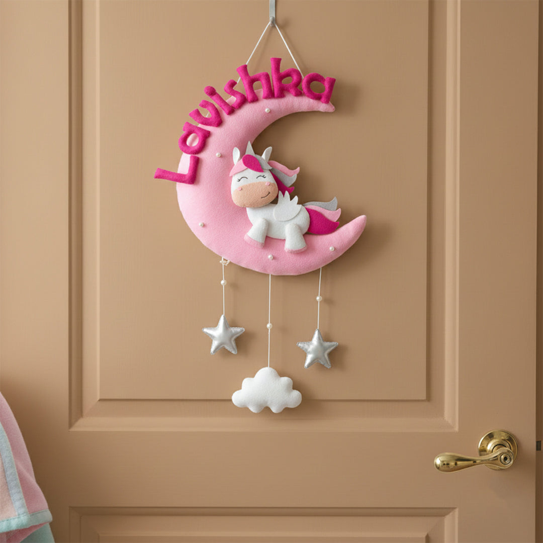 Hand-stitched Cute Unicorn Themed Moon Felt Nameplate