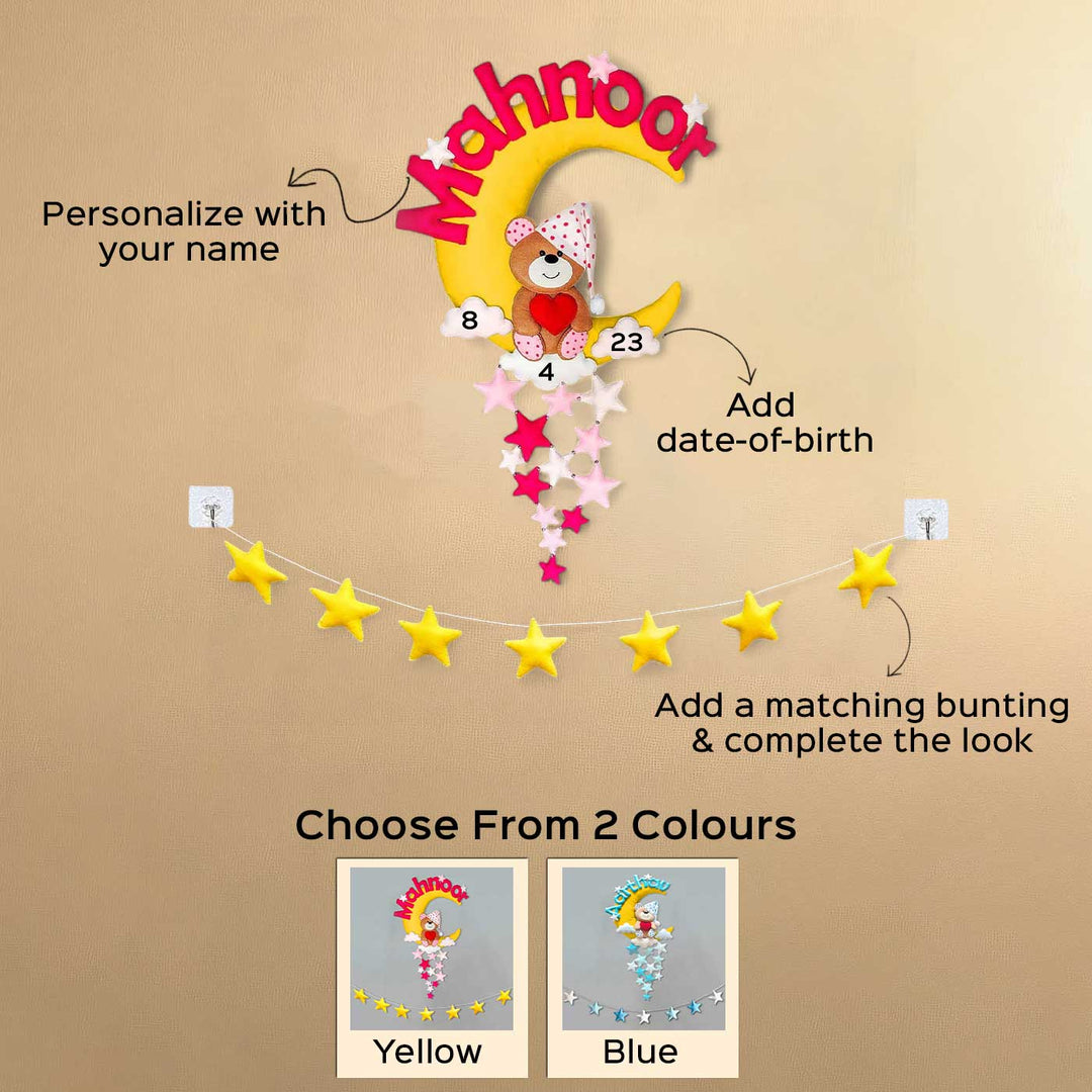 Hand-stitched Teddy Themed Felt Moon Nameplate For Kids