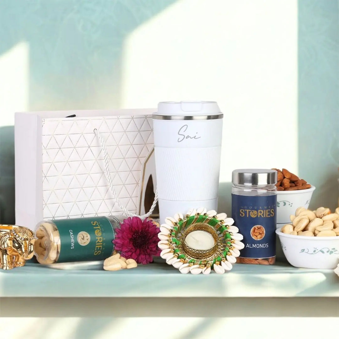 Personalized Premium Diwali Gift Hamper | Includes 1 Silicone Mug, 1 Almond Jar, 1 Cashew Jar, 1 Kodi Diya, 1 Trail Mix, 1 Greeting Card