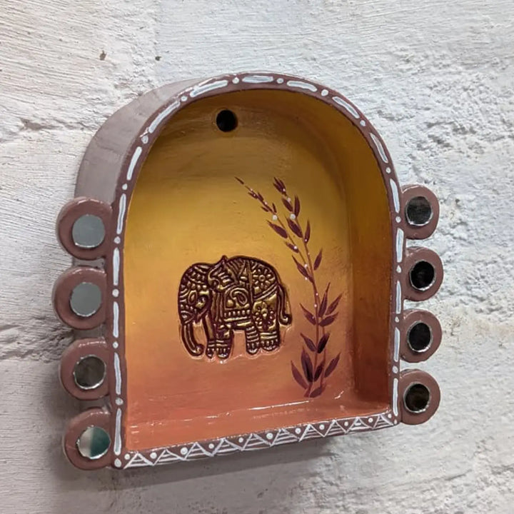 Hand-Painted Mirror Work Elephant Motif Terracotta Tealight Holder