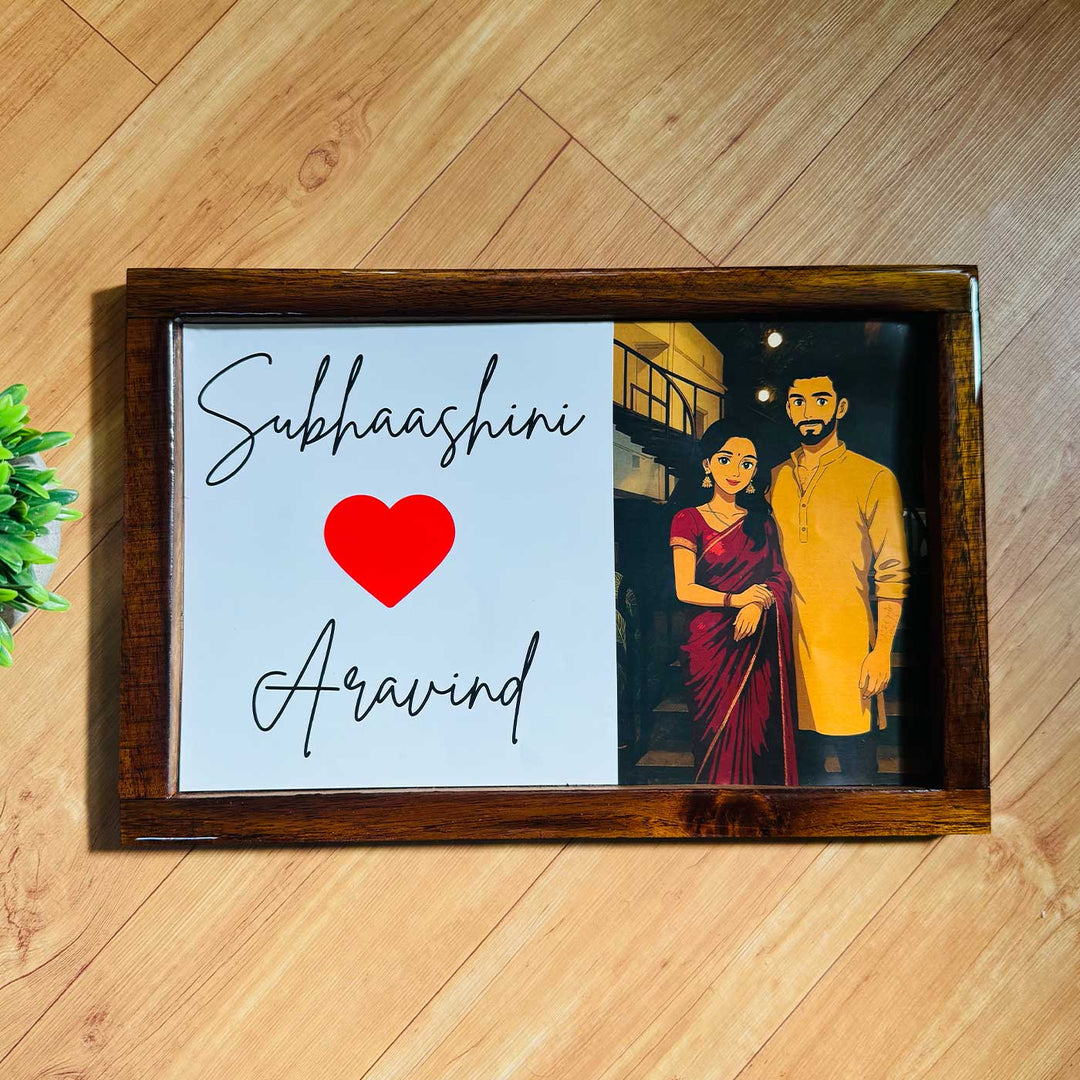 Couple Caricature Photo Personalized Resin Wooden Frame Name Plate