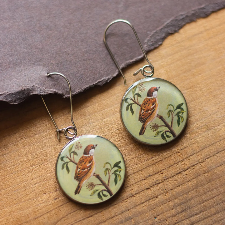 Illustrated Sparrow Theme Resin & Stainless Steel Earrings