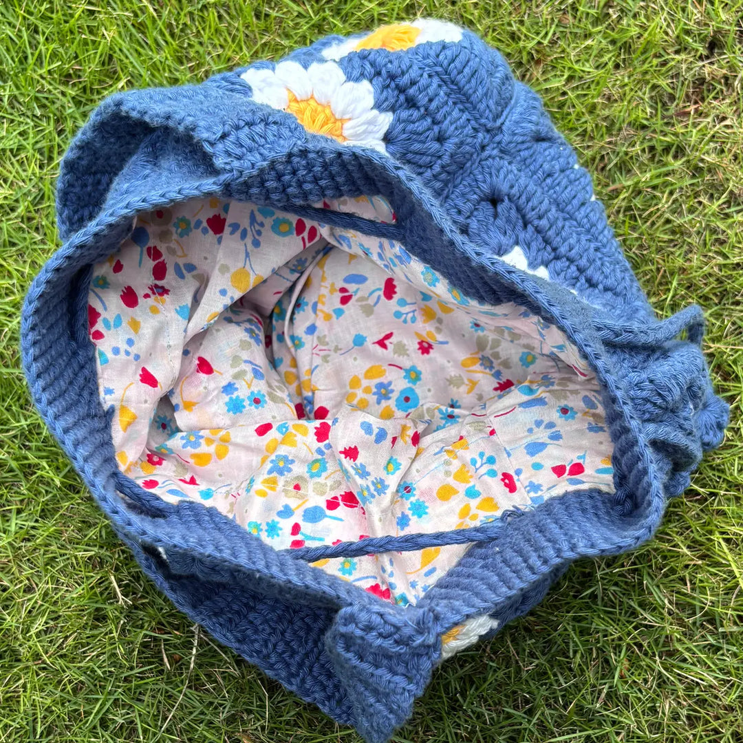 Handmade Crochet Blue Daisy Flower Design Cotton Tote Bag