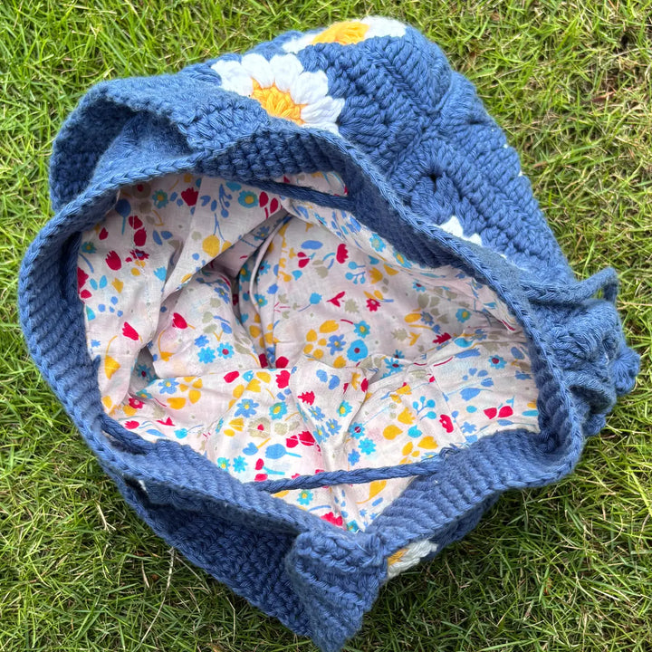 Handmade Crochet Blue Daisy Flower Design Cotton Tote Bag