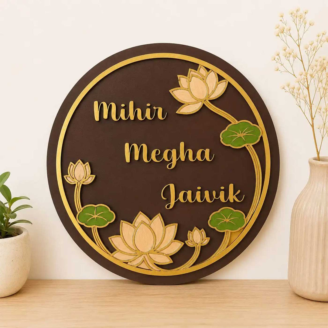 "Classic Lotus" Handcrafted Personalized MDF Wood Name Plate For Home