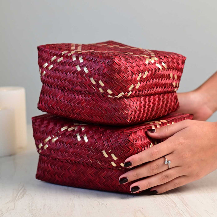 Handmade Weaving Zig - Zag Pattern Shitalpati Gift Box | Set Of 2