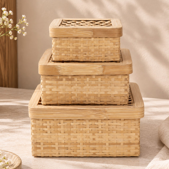 Set Of 3 "Mira" Handcrafted Hexagonal Weave Bamboo Square Gift Box For Storage And Gifting