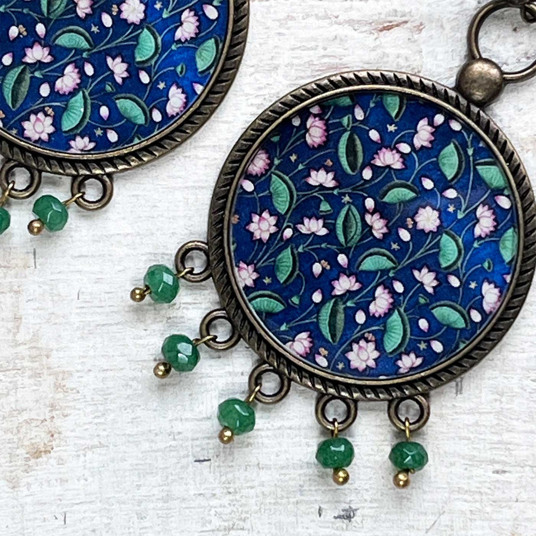 Blue Floral Pichwai Lotus Design Metal Earrings