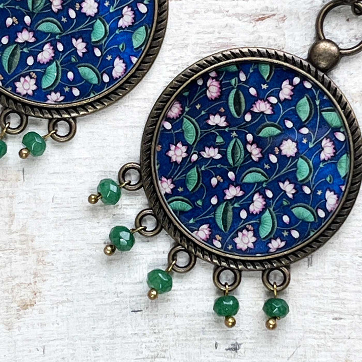 Blue Floral Pichwai Lotus Design Metal Earrings