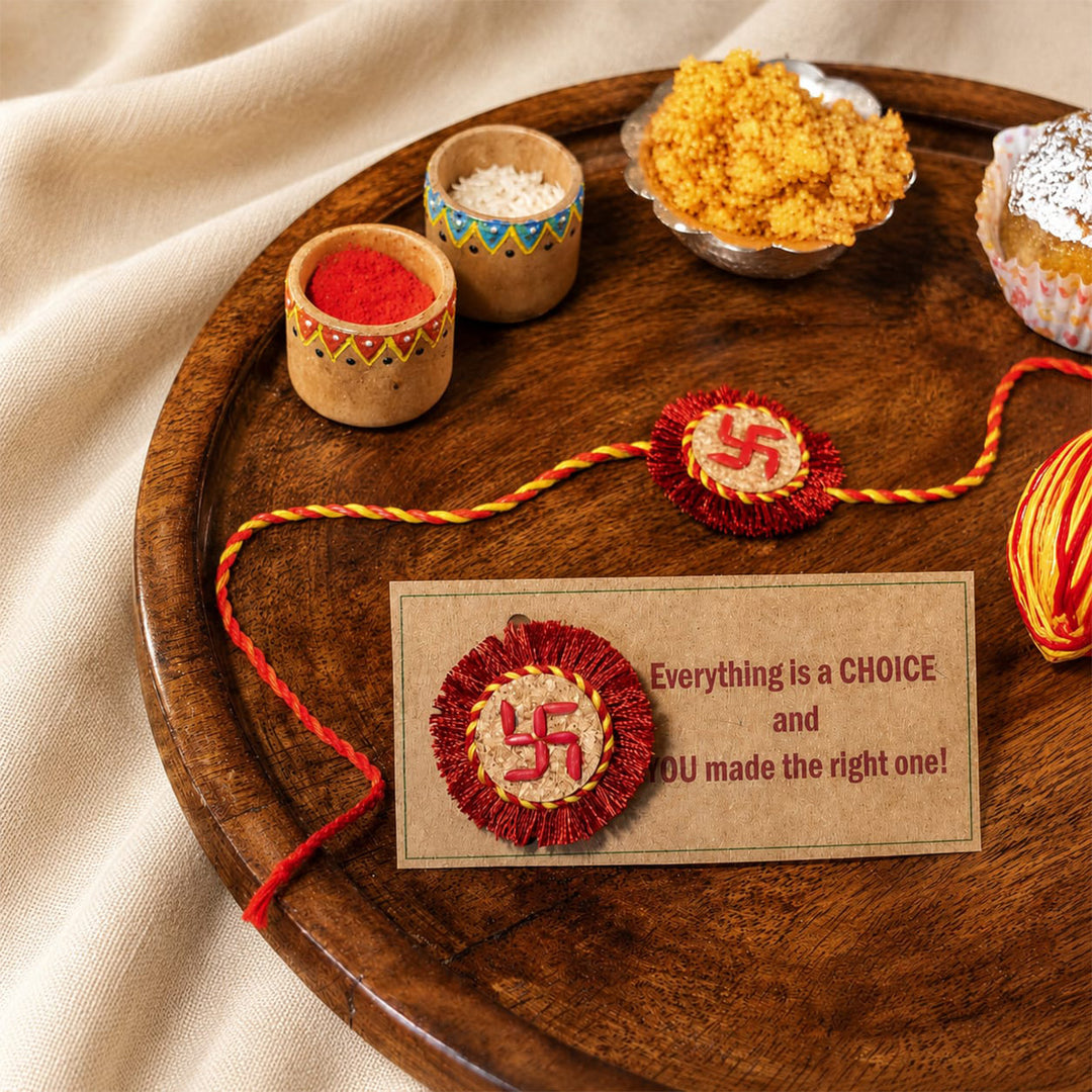 Plantable Swastik Seed Rakhi With Roli-Chawal & Rice Grain Motif For Brother
