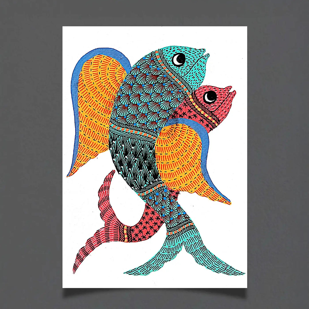 6 x 8 Inch | Dancing Fishes | Original Hand painted Tribal Gond Art Painting | Acrylic Paints On Paper