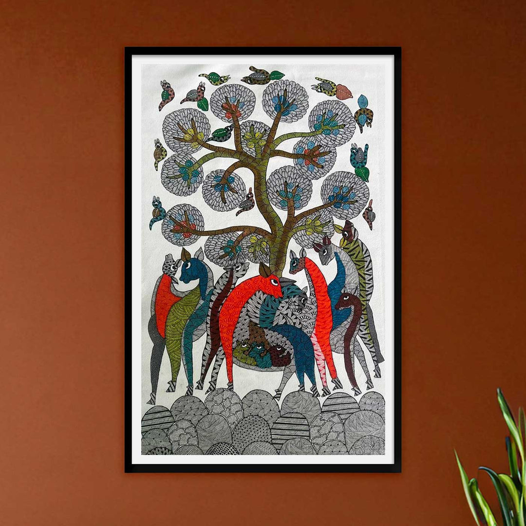 24 x 36 Inch | Shelter of the Wild | Original Hand Painted Tribal Gond Art Painting | Acrylic Paints On Paper