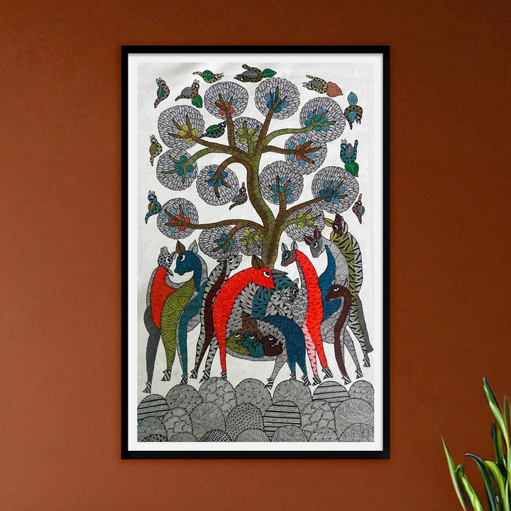 24 x 36 Inch | Shelter of the Wild | Original Hand Painted Tribal Gond Art Painting | Acrylic Paints On Paper
