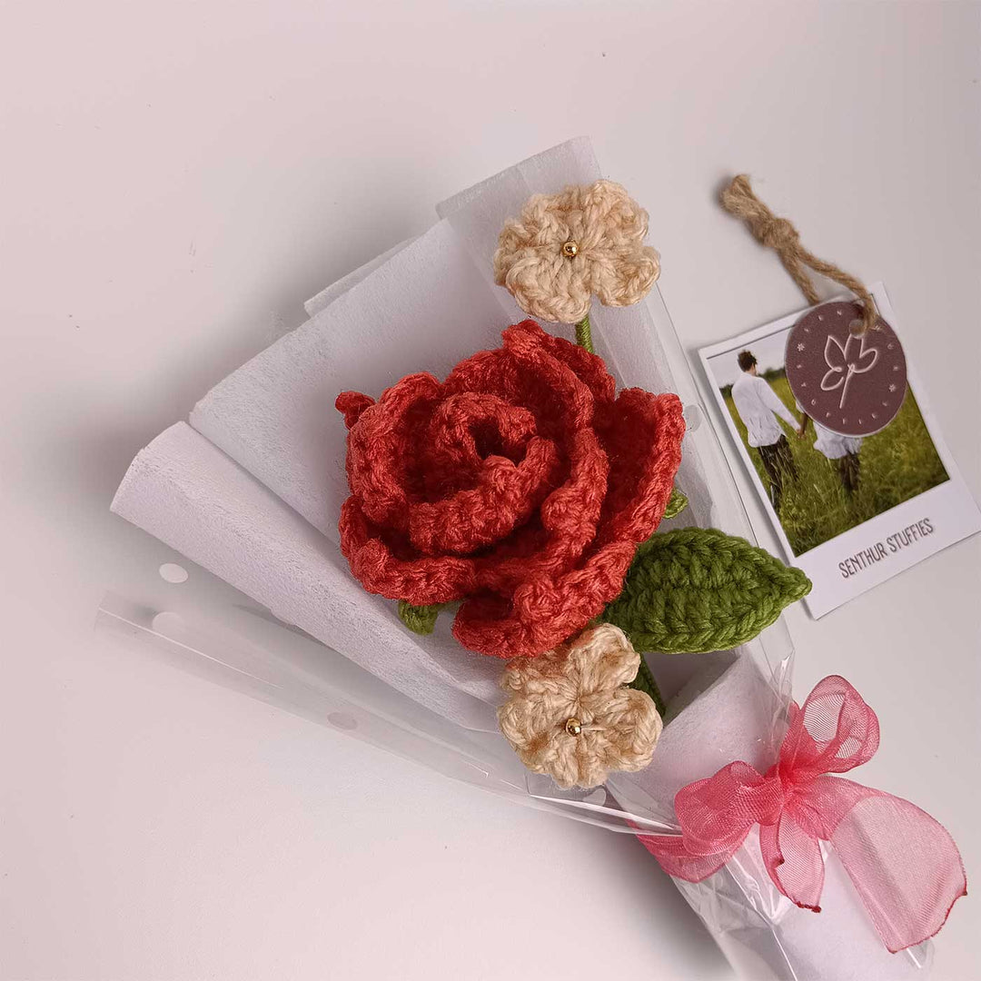 Handmade Crochet Red Rose Mini Flower Bouquet | Includes Photo & Greeting Card