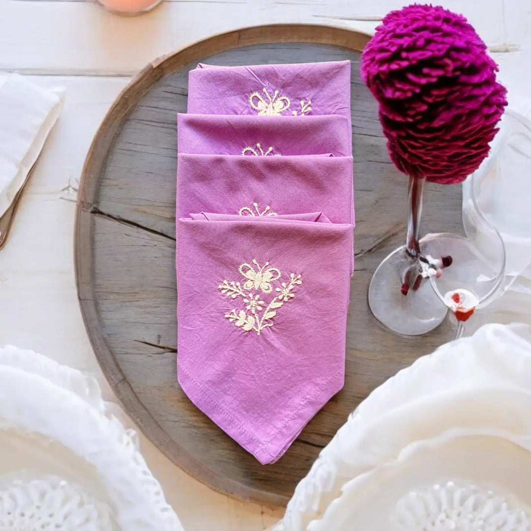 Hand Embroidered Butterfly Theme Chikankari Cotton Napkin | Set Of 4