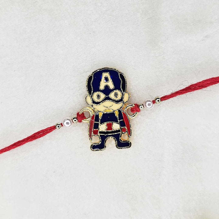 Handmade Captian America Metal Kids Rakhi With Roli Chawal - Front View Zoomed Out