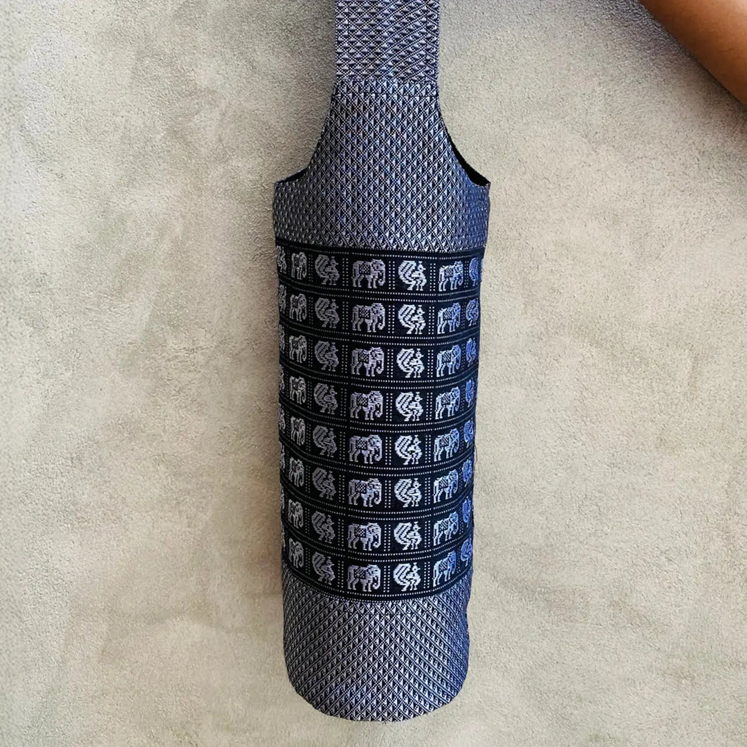 Handmade Grey Elephant & Peacock Motif Khunn Fabric Cotton Bottle Holder