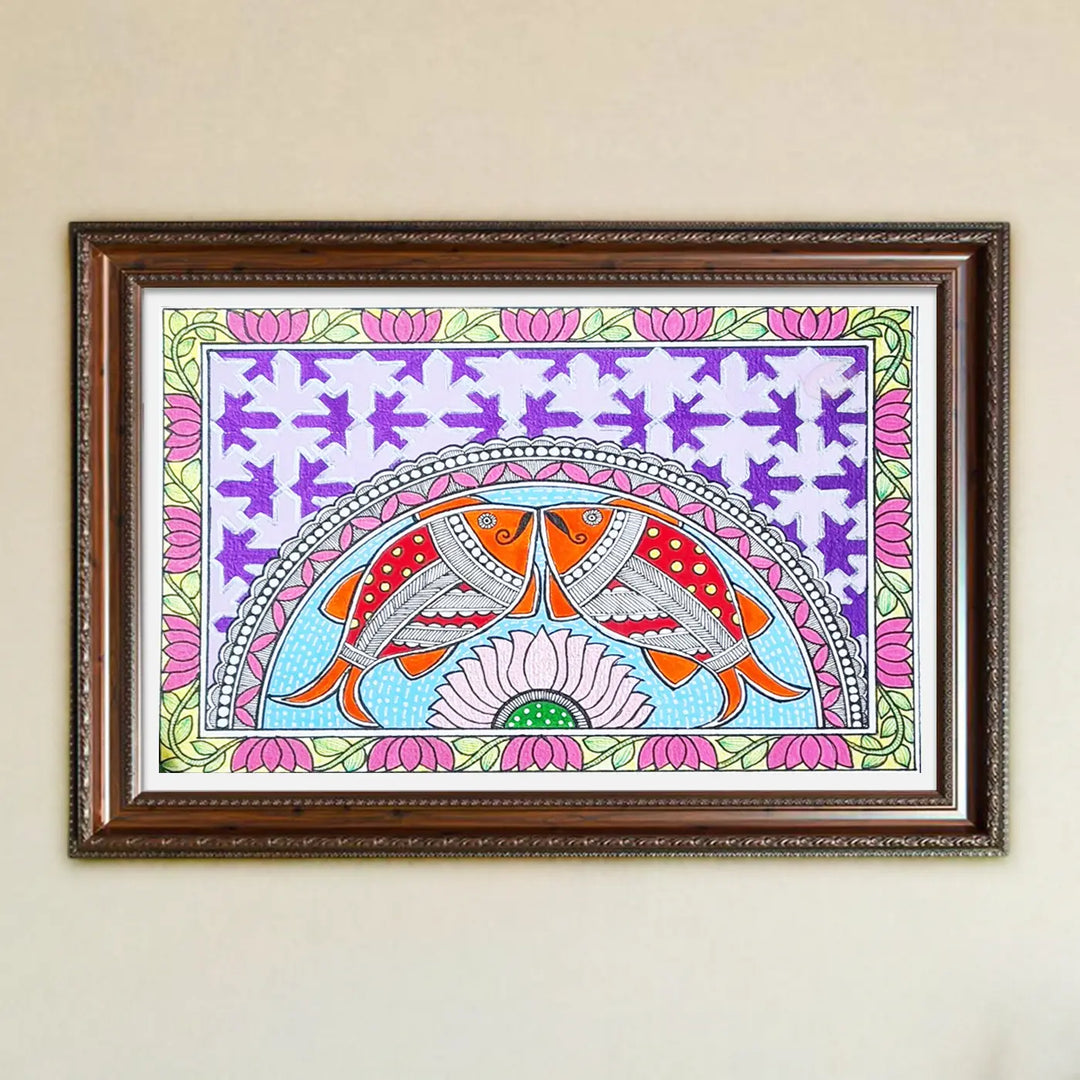 8 x 5 Inch | Duo Fish & Lotus | Original Hand Painted Madhubani Painting On Paper