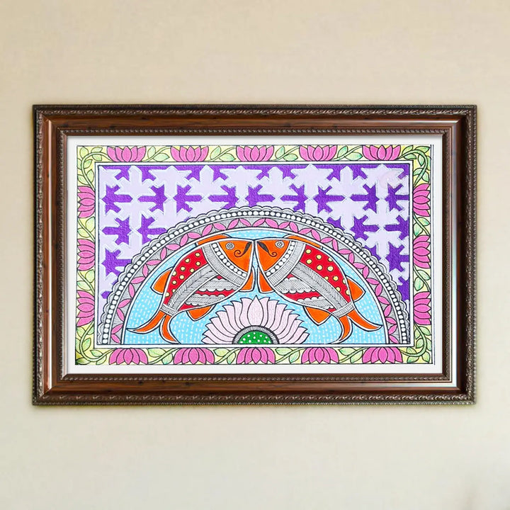 8 x 5 Inch | Duo Fish & Lotus | Original Hand Painted Madhubani Painting On Paper