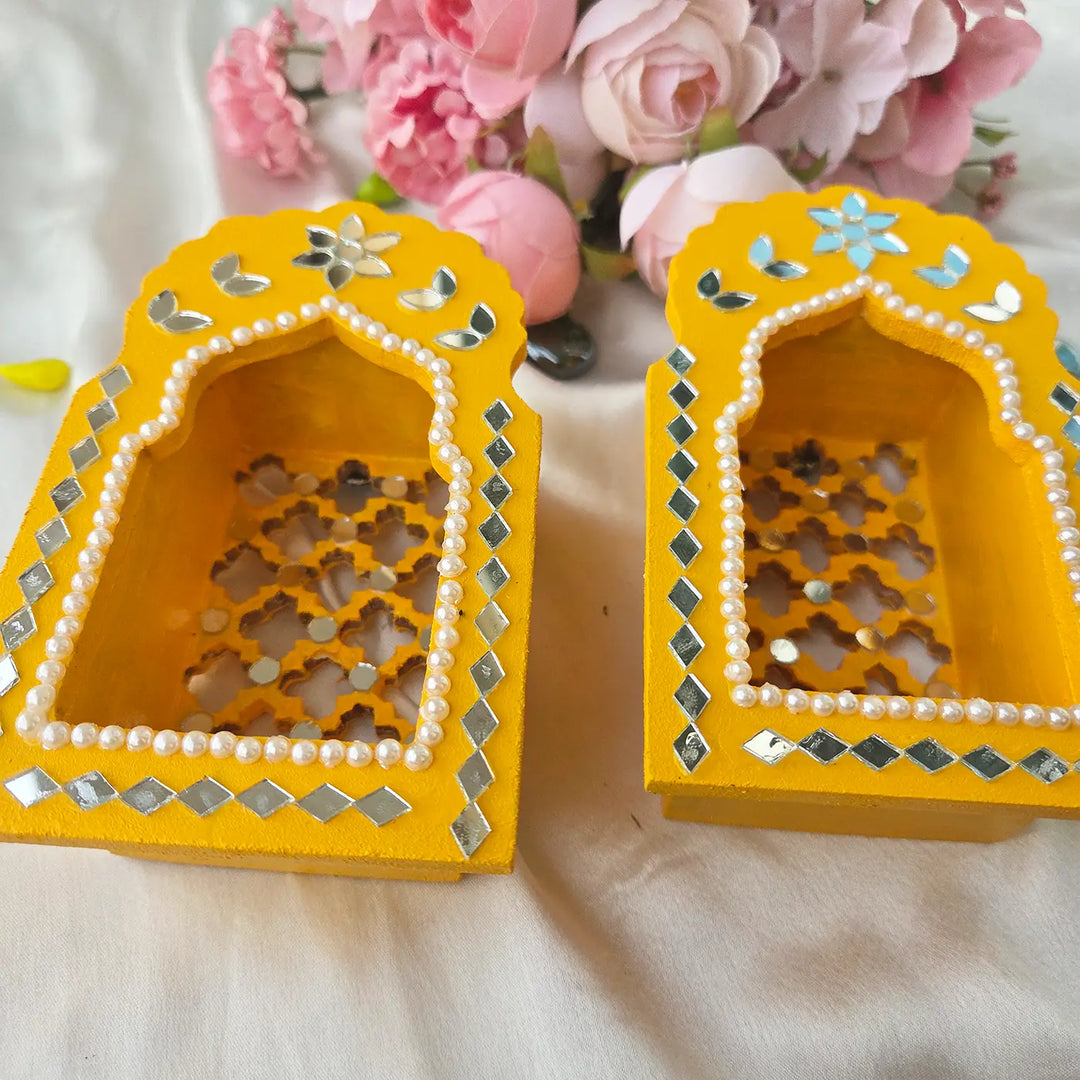 Hand-Painted Mirror Work Morrocon Mini Jharokha Tealight Holder | Set Of 2