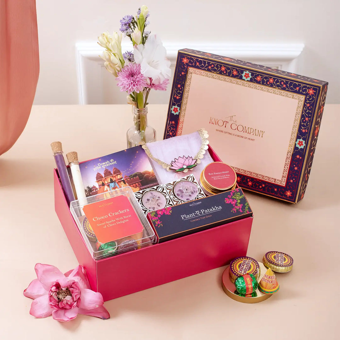 Sweets Hues of Diwali Gift Hamper | Includes 1 Postcard, 2 Rangoli Tubes, 5 Cracker Chocolates, 4 Plantable Crackers, 1 Rose Mishri, 1 Organza Potli (Pooja Samagri), 2 Tealight Holders, 1 Gift Box