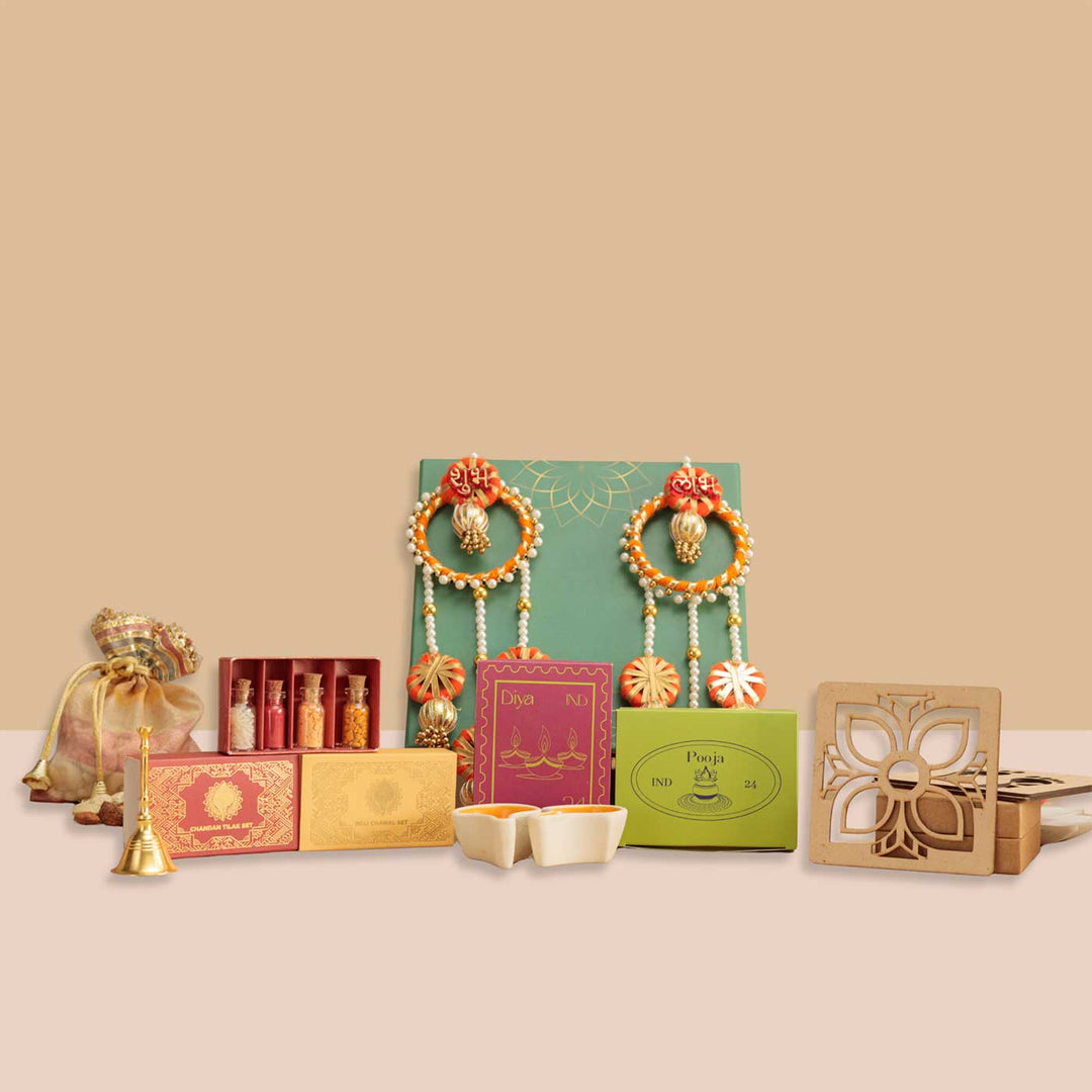 Handmade Aabhar Gift Hamper | Includes 2 Samajhri, 2 Diyas, 3 Rangoli Stencils, Colors, 1 Shubh Labh, 1 Dhoop, 1 Bell, Dry Fruit, 1 Card And 1 Box