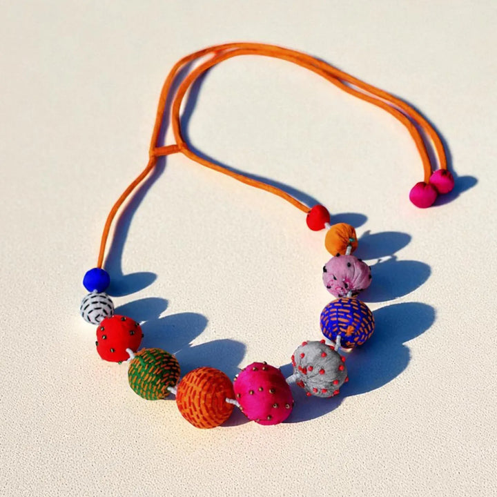 Handmade Textile Art Colorful Round Beads Dupion Silk Fabric Necklace