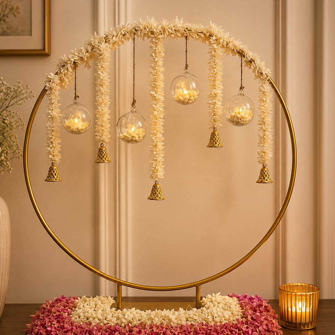 White Jasmine Garland Circular Backdrop Decor Kit With Bells & Hanging Glass Balls