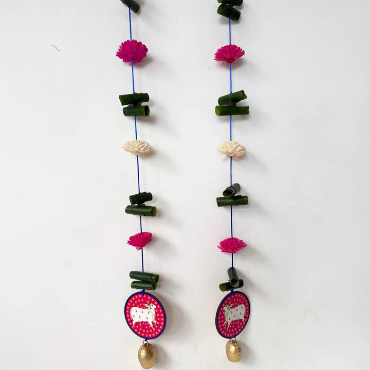 Handmade Cow Motif Pink & White Shola Flower Hanging