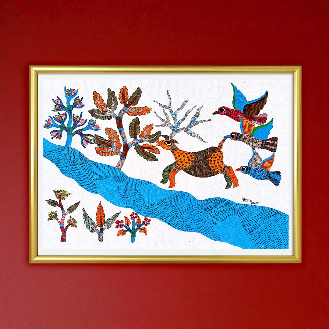 11 x 15 Inch | Playful Nature | Original Hand painted Tribal Gond Art Painting | Acrylic Paints On Paper