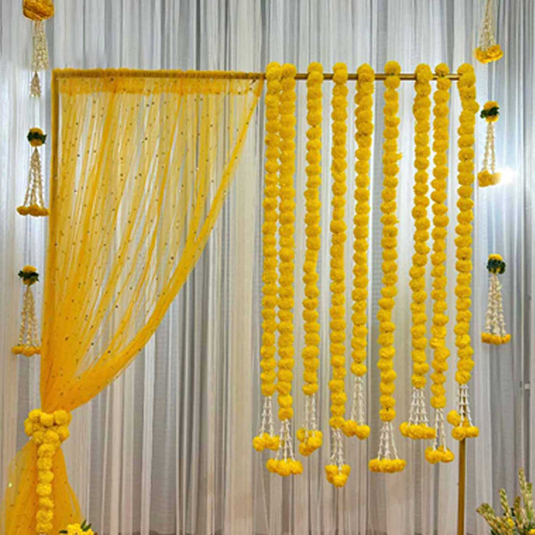 Yellow Marigold Garland Backdrop Decor Kit With Stand & Tissue Drape