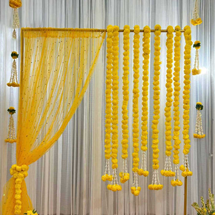 Yellow Marigold Garland Backdrop Decor Kit With Stand & Tissue Drape