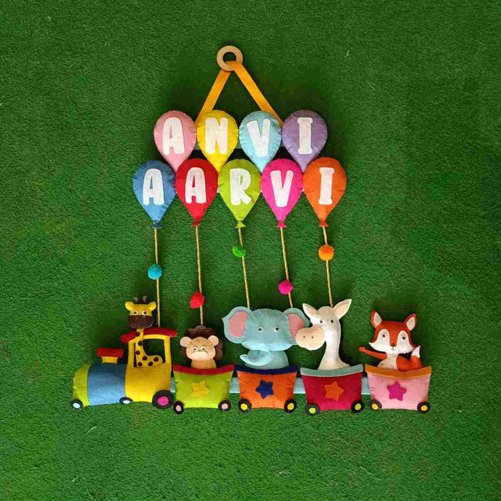 Handcrafted Personalized Felt Name Plate for Siblings | Animal Train with Balloons