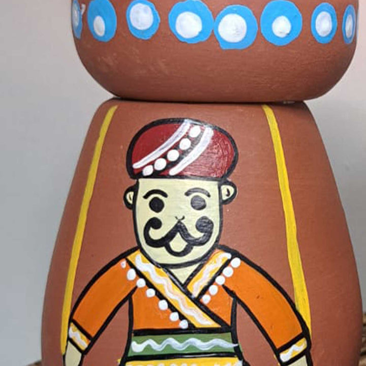 Hand-Painted Rajasthani Puppet Theme Terracotta Tealight Holder | Set Of 2