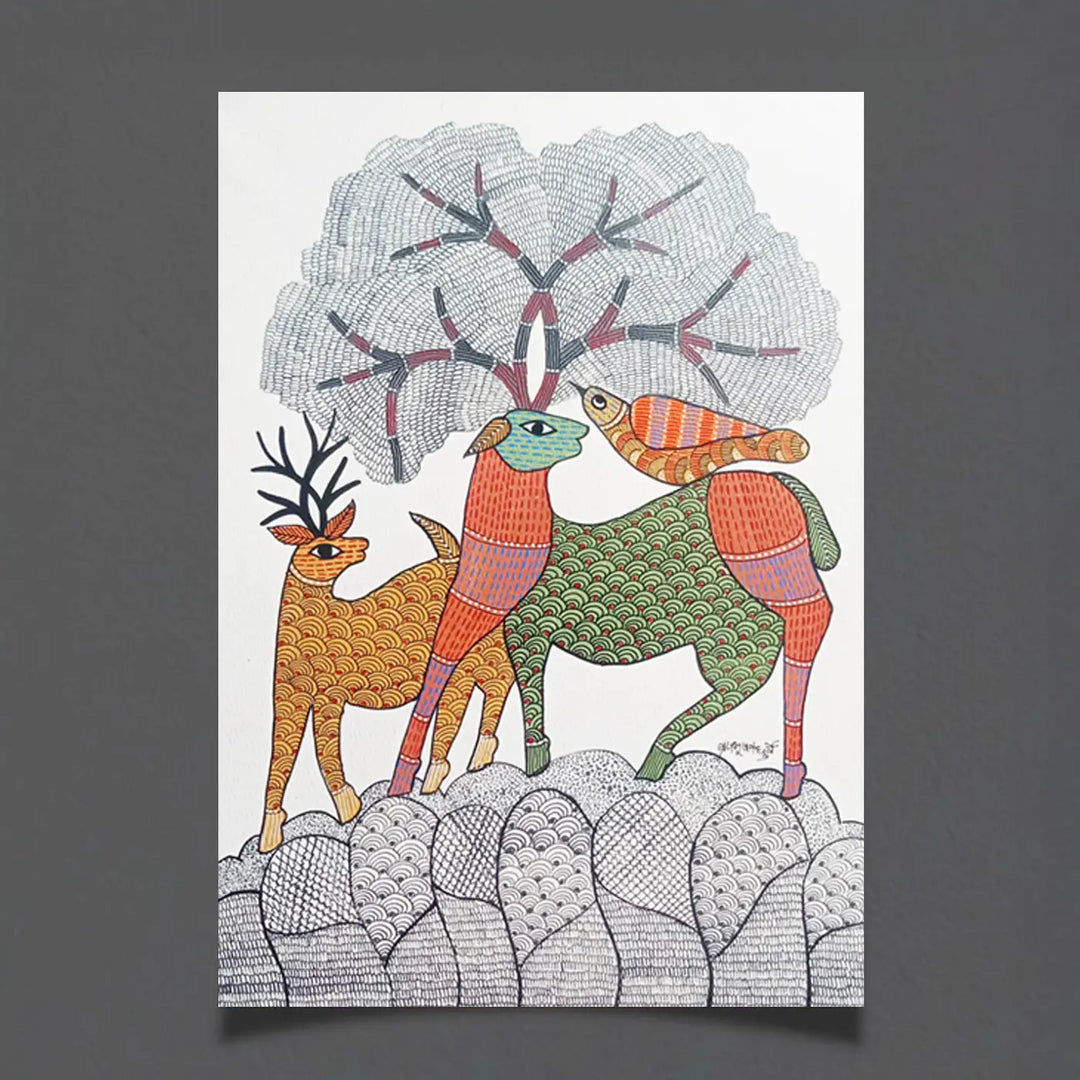 11 x 16 Inch | Wildlife & Nature | Original Hand Painted Tribal Gond Art Painting | Acrylic Paint On Paper